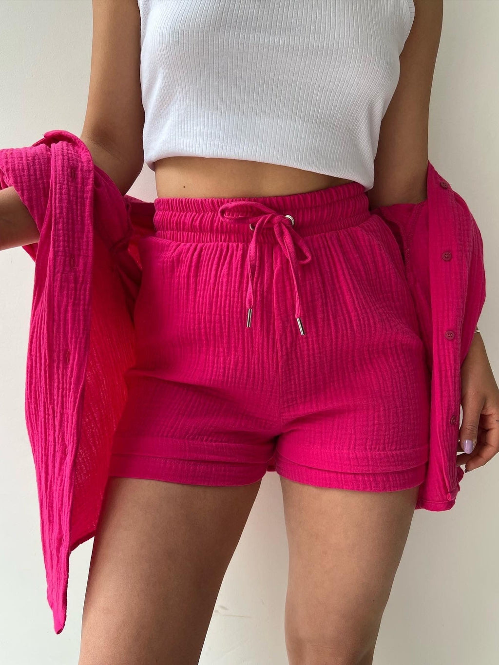 Long-sleeved Shirt And High-waisted Drawstring Shorts Casual Two-piece Set