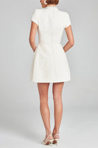 Mockneck Pearl Trim Waisted Tweed Mini Dress