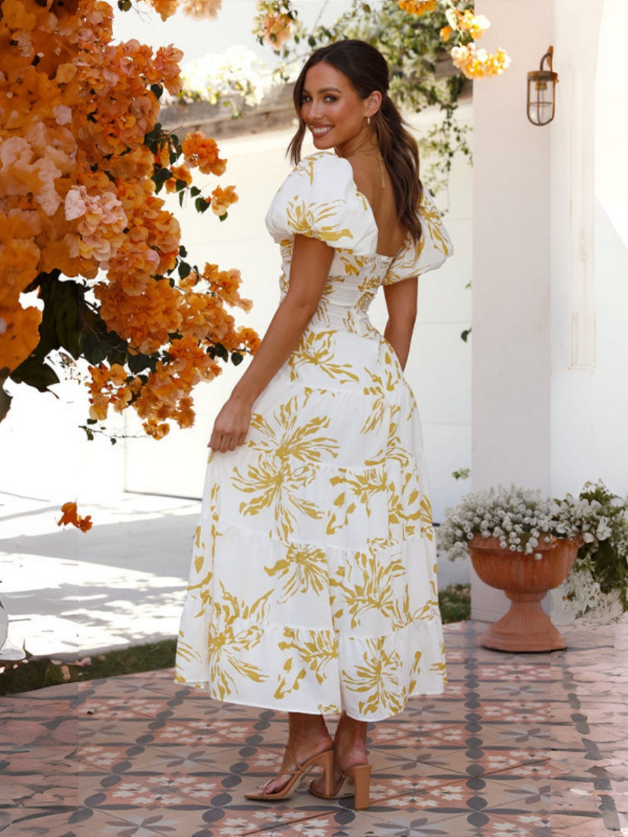 Printed Puff Sleeve Sweetheart Collar Vacation Maxi Dresses