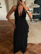 Loose-fitting, Backless, Sleeveless, V-neck, Pleated Halter-neck Mesh Long Dress