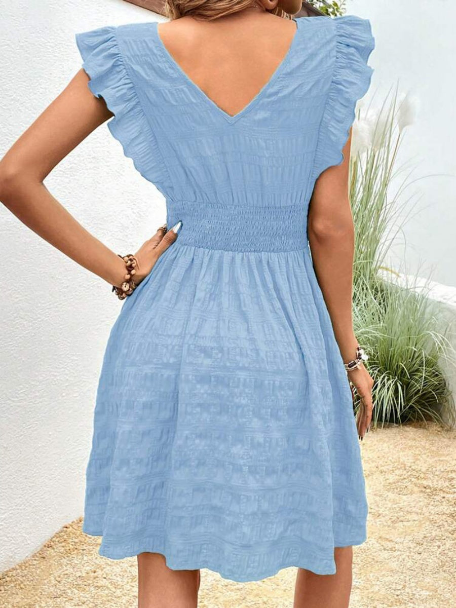 V-neck Pleated Ruffles Solid Color Mini&Short Dresses