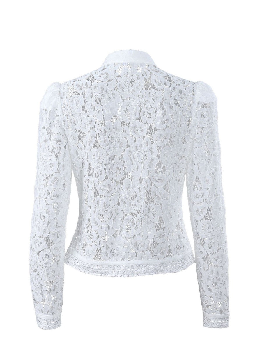 Lace Crochet Stand Collar Slim-fit Long Sleeve Sheer Top