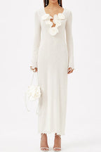 Long Sleeves Back Slit Floral Shirred Maxi Dress