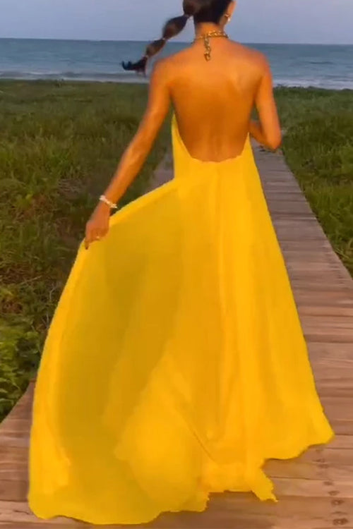 Chain Halter Open Back Maxi Swing Dress