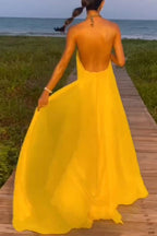 Chain Halter Open Back Maxi Swing Dress