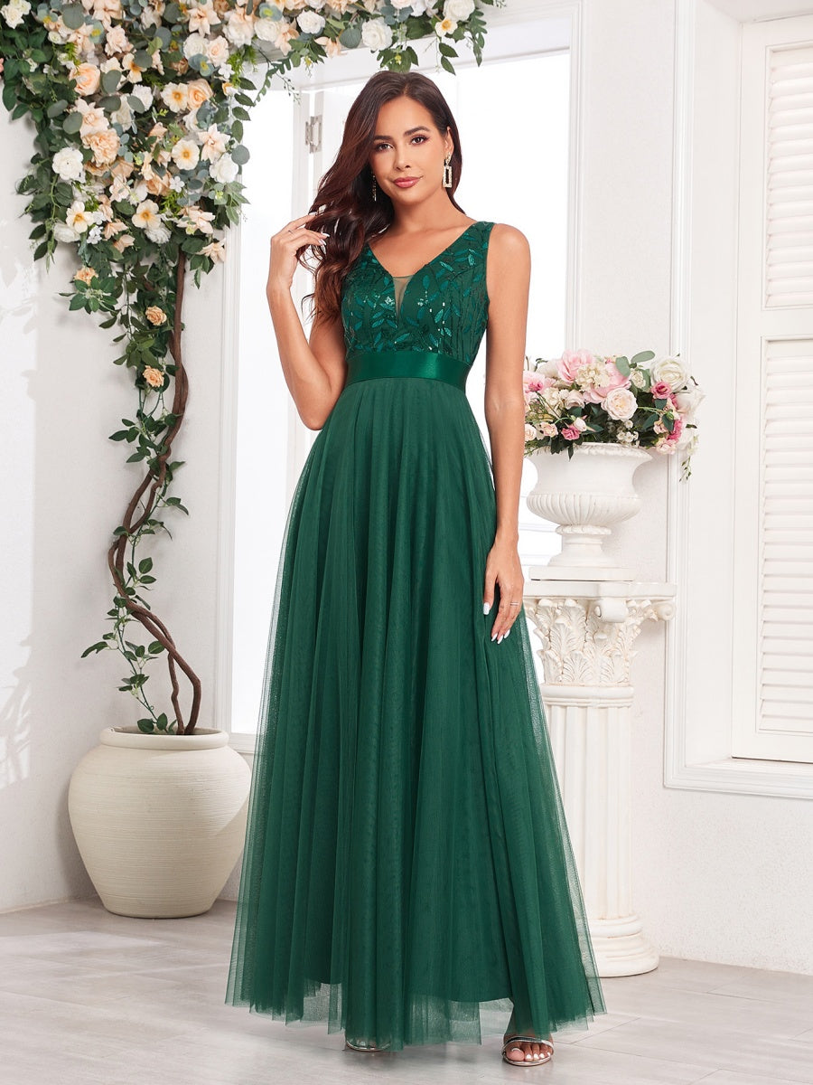 V-neck Embroidery Sequins Elegant Gauze Formal Dress Maxi Dresses