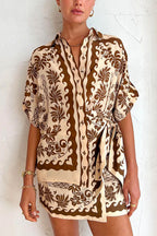 Rolled Up Sleeves Blouse Shirt Wrapped Mini Skirt Tropic Printed Set