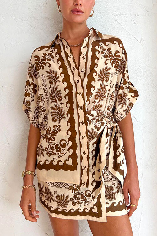 Rolled Up Sleeves Blouse Shirt Wrapped Mini Skirt Tropic Printed Set