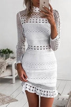 Mockneck Back Zipper Lace Splice Hollow Out Dress