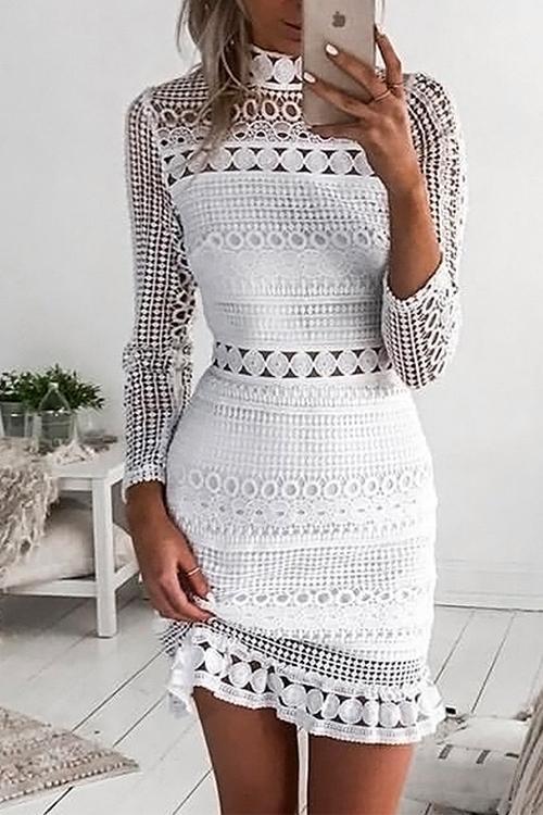 Mockneck Back Zipper Lace Splice Hollow Out Dress