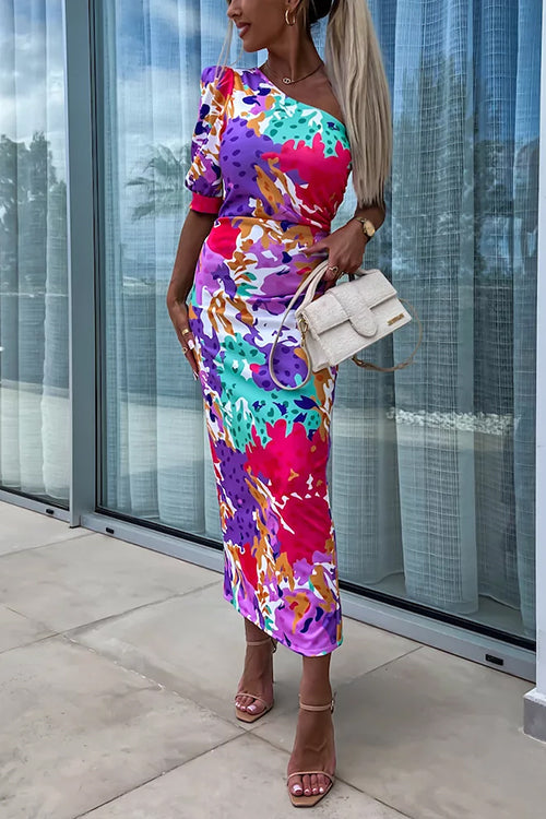 One Shoulder Back Slit Printed Maxi Dress