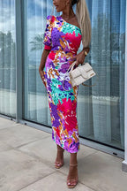 One Shoulder Back Slit Printed Maxi Dress