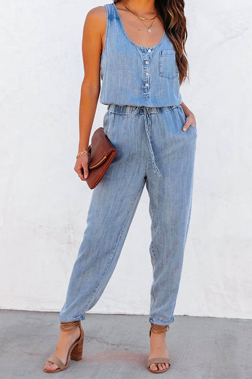 Drawstring Waist Distressed Denim Tank Jumpsuit