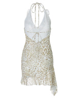 Leopard Print Sexy Deep V Bodycon Halter Neck Short Dress With Ruffled Trim
