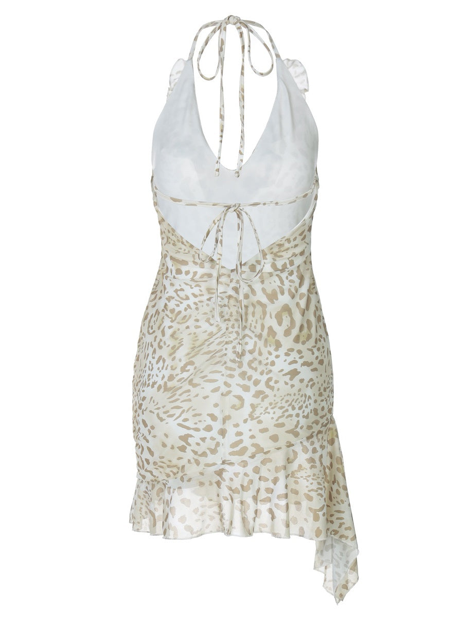 Leopard Print Sexy Deep V Bodycon Halter Neck Short Dress With Ruffled Trim