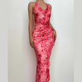 Mesh tie dye irregular contrast halter backless ruched maxi dress