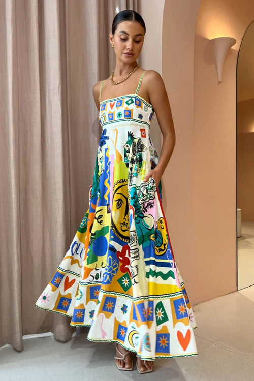 Spaghetti Strap Square Neck Illustrative Print Empire Waist Midi Dress
