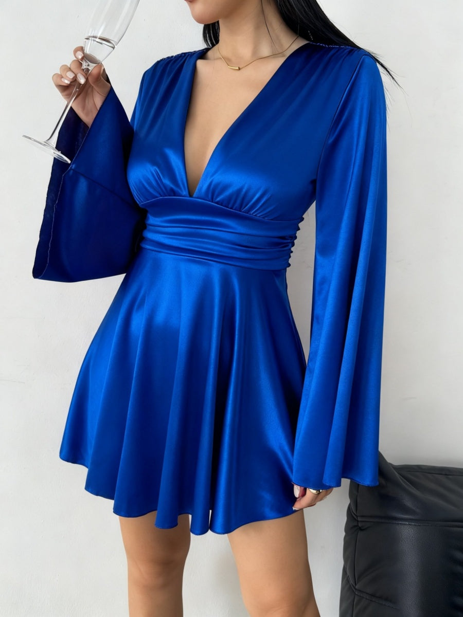 V-neck Long Sleeve Flared Sleeves Mini&Short Dresses