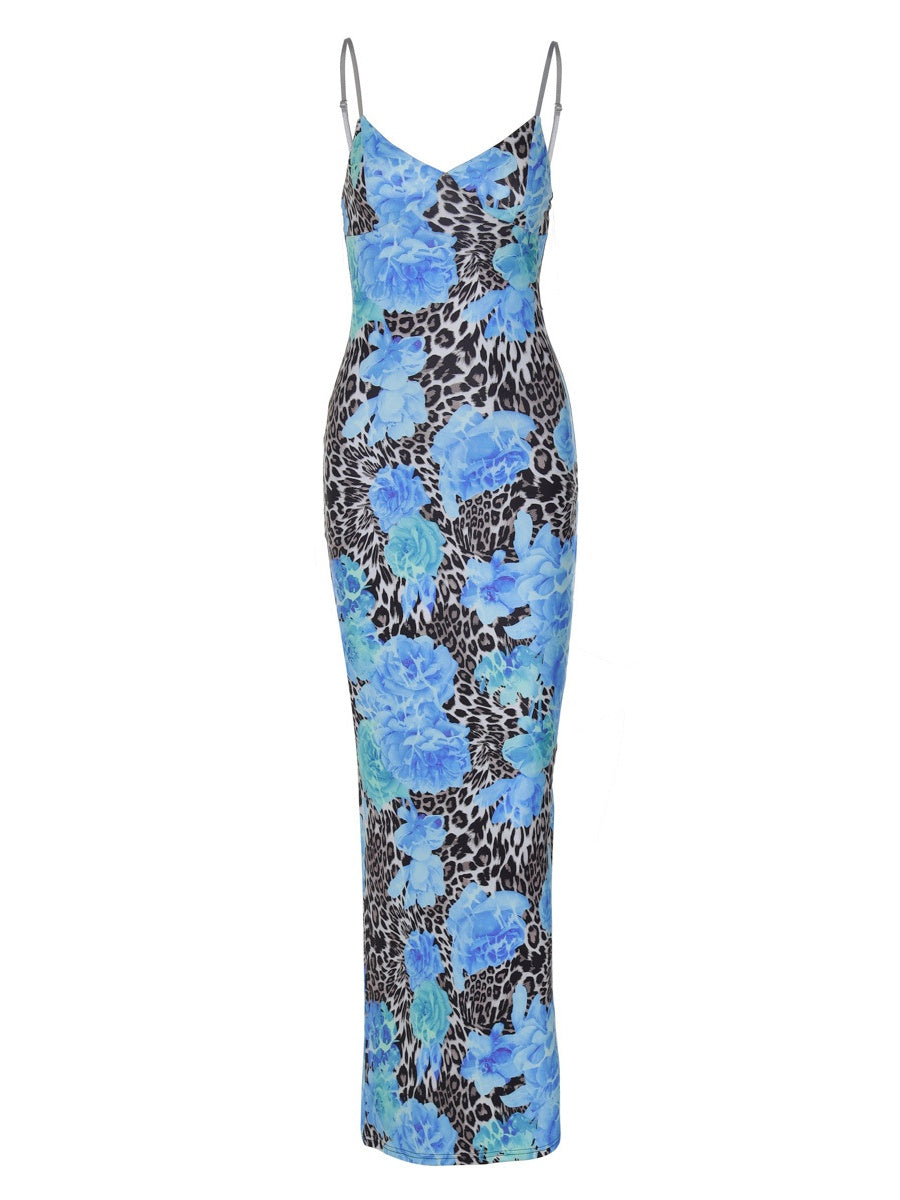 Fitted Floral Leopard Print Halter Maxi Dress