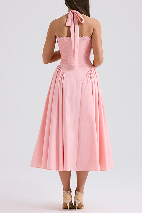 Halter Backless Lace-up Swing Midi Sundress