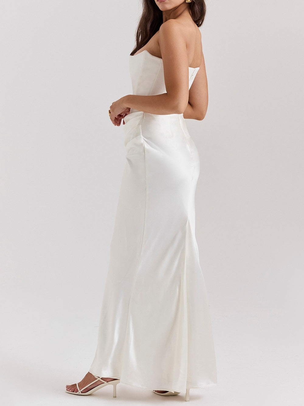Satin Belted Strapless Off-the-shoulder Fishbone Pleated Long Bodycon Dress