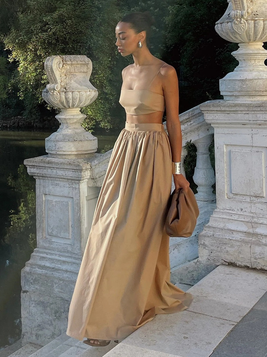 Pure Cotton Strapless Bra Jacket High-waisted Long Skirt Vacation Package 2-piece Sets