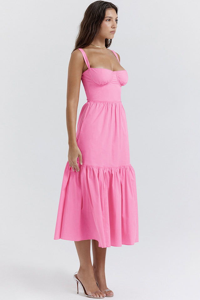 Sweetheart Bustier Wide Strap Floral Tiered Ruffle Midi Dress