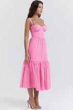 Sweetheart Bustier Wide Strap Floral Tiered Ruffle Midi Dress
