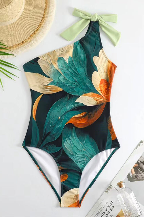 Bow One Shoulder One-piece Swimsuit Ruffle Cover Up Skirt Printed Set