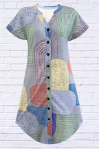 Geometric V-Neck Short Sleeve Button-Front Dress