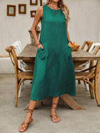 Pullover Crew Neck Sleeveless Pocket Solid Color Midi Dresses