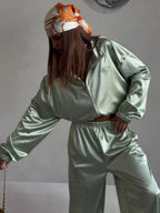 Zippered Loose Sweatshirt Jacket And Wide-Leg Pants Two-Piece Set