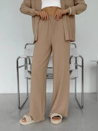 Solid Color Cardigan With Pockets, Casual Wide-leg Trousers 2-piece Sets