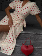 Pure Cotton Bandage Wrap-up Puff Sleeve Printed Comfort Maxi Dresses