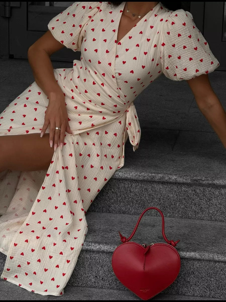 Pure Cotton Bandage Wrap-up Puff Sleeve Printed Comfort Maxi Dresses