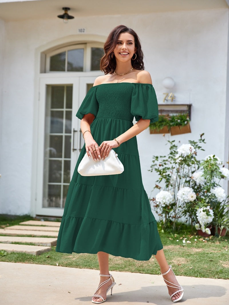 Square Neck, Backless, Puff Sleeve, Pleated Short-sleeved Long Dress