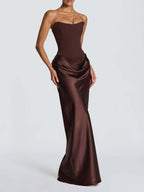 Satin Tie Ribbon Off-shoulder Sexy Strapless Bodycon Maxi Dress With Cinched Waist