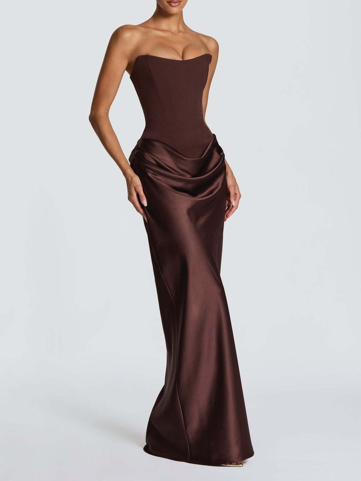 Satin Tie Ribbon Off-shoulder Sexy Strapless Bodycon Maxi Dress With Cinched Waist