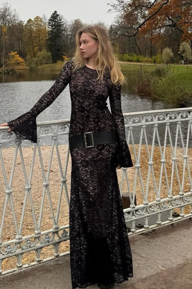 Lace Bell Sleeve Crew Neck Bodycon Maxi Dress