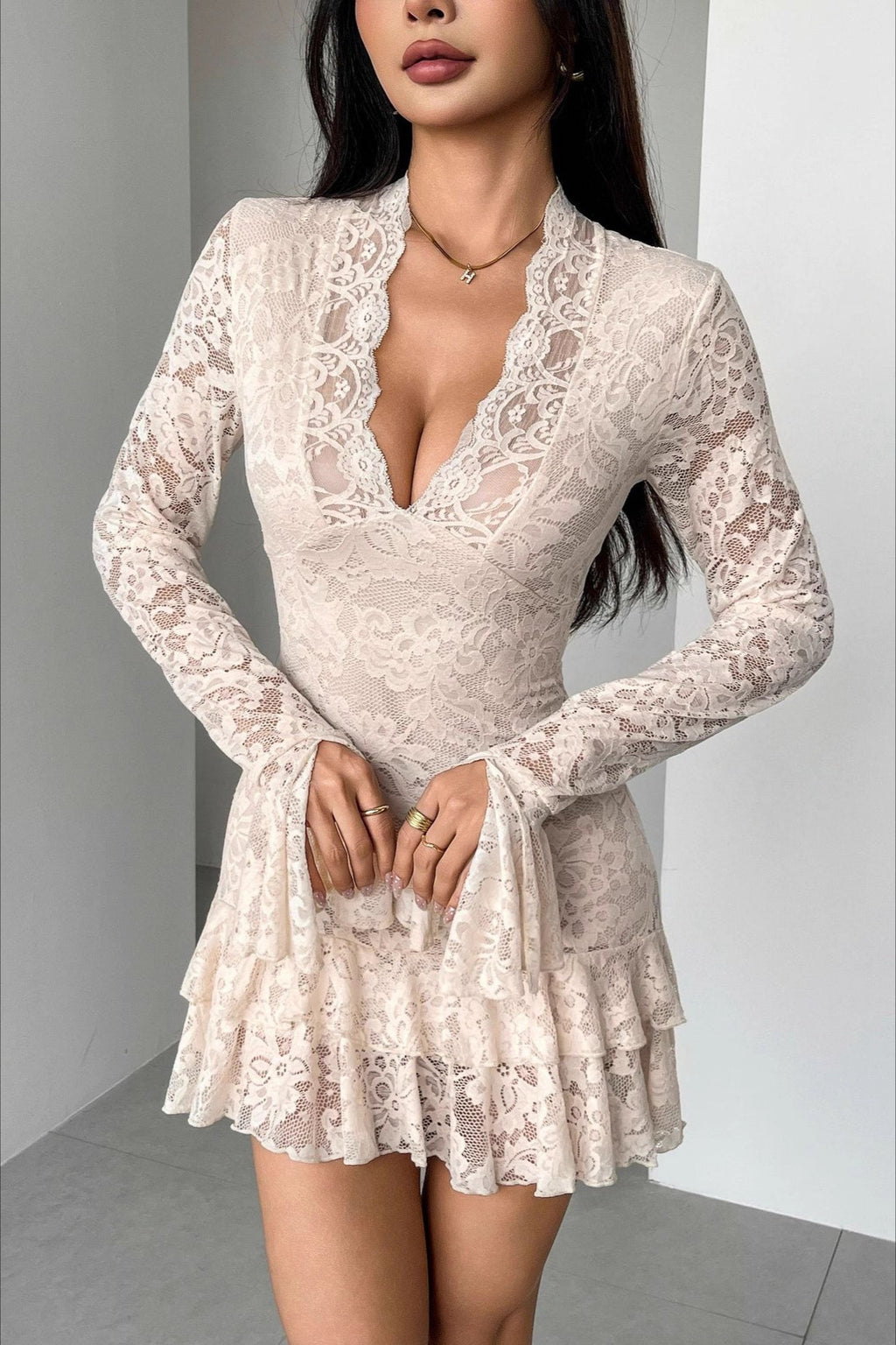 Lace Deep V-Neck Bell Sleeve Tiered Ruffle Flounce Mini Dress