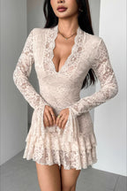 Lace Deep V-Neck Bell Sleeve Tiered Ruffle Flounce Mini Dress