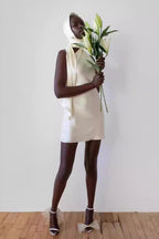 Satin One Shoulder High Neck Sash Detail Backless Mini Cocktail Dress