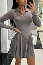 Polo Collar Deep V-Neck Paneled Skater Lettuce Hem Mini Dress
