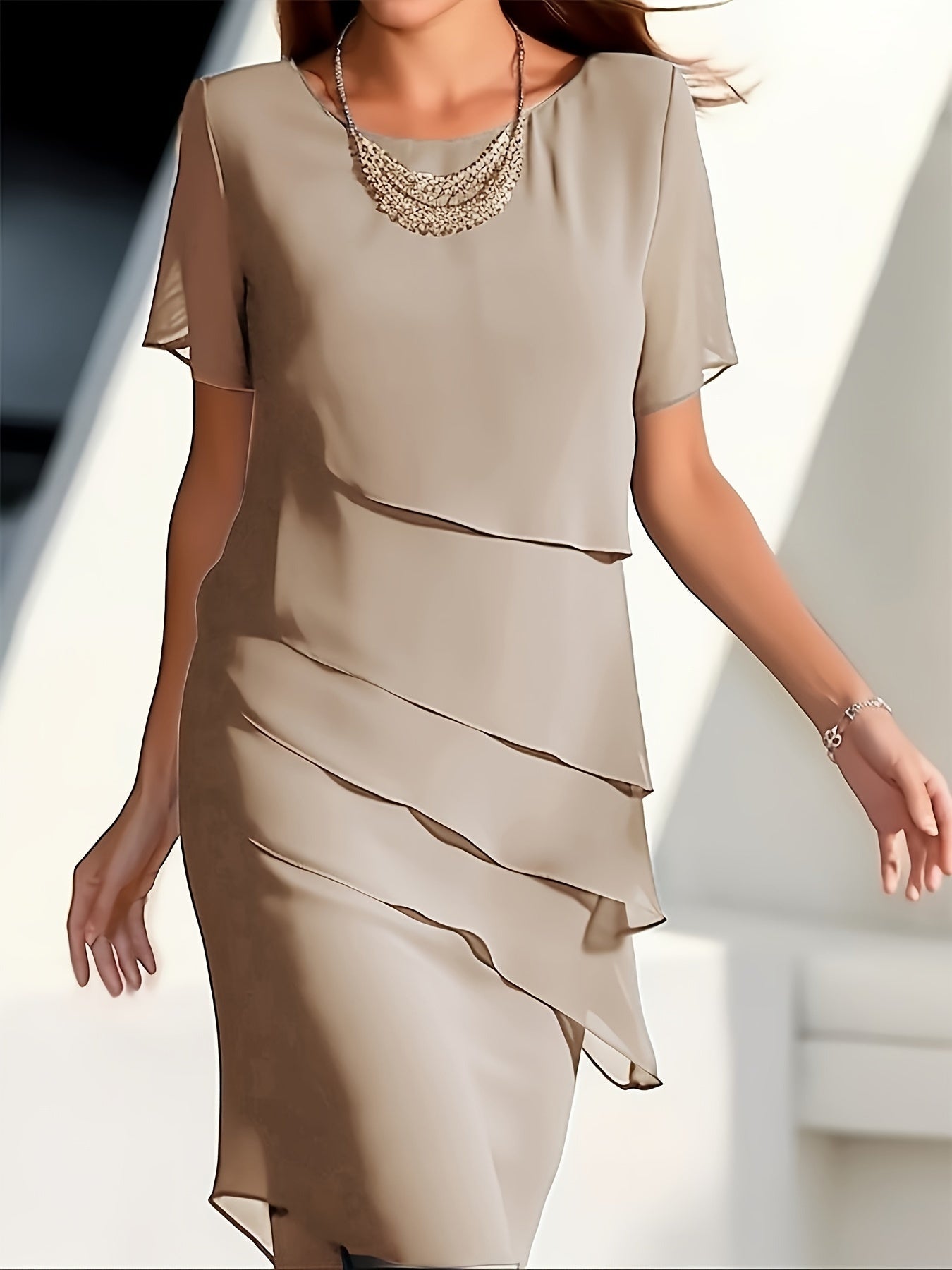 Amadis Minimalist Cotton Layered Trim Round Neck Short Sleeve Evening Dress for Women Premium Wardrobe Essential