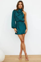 Satin One Shoulder Cowl Neck Bishop Sleeve A-Line Mini Dress