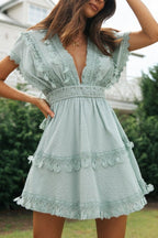 Blue V Neck Swiss Dot Lace Trim Tassel Tiered Flutter Sleeve Mini Dress