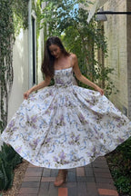 Rayon Printed Strap Pleated Chic Maxi Dress