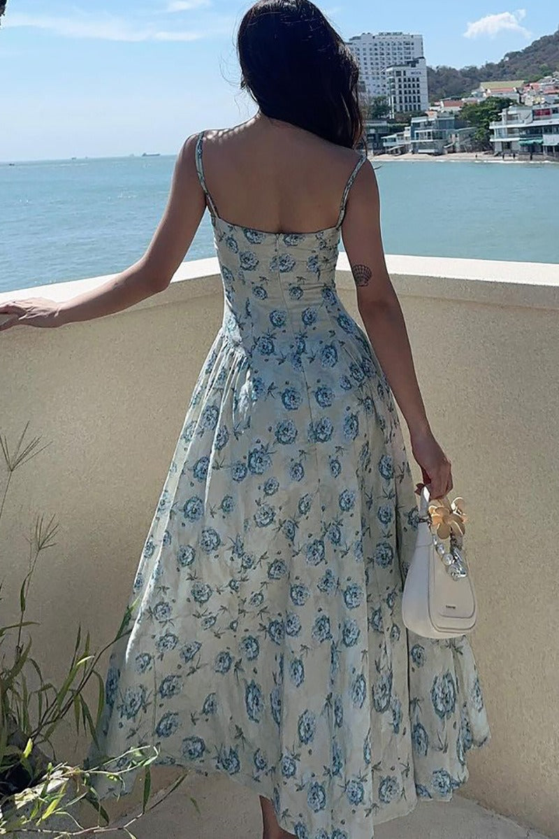 Blue Spaghetti Strap Sweetheart Corset Toile Floral Print A-Line Maxi Dress