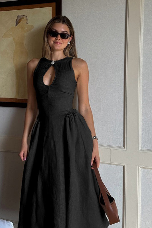 Linen Look Keyhole Neck Sleeveless Gathered Waist Flared Midi Dress