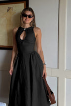 Linen Look Keyhole Neck Sleeveless Gathered Waist Flared Midi Dress